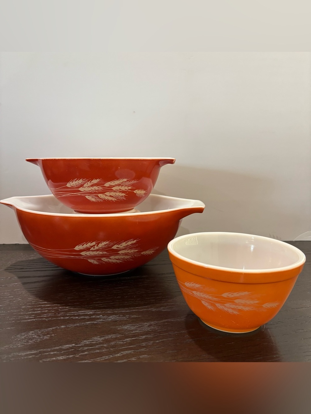 Vtg Pyrex Rust Autumn Harvest Wheat Mixing Nesting Bowls Set of 3 Made in USA